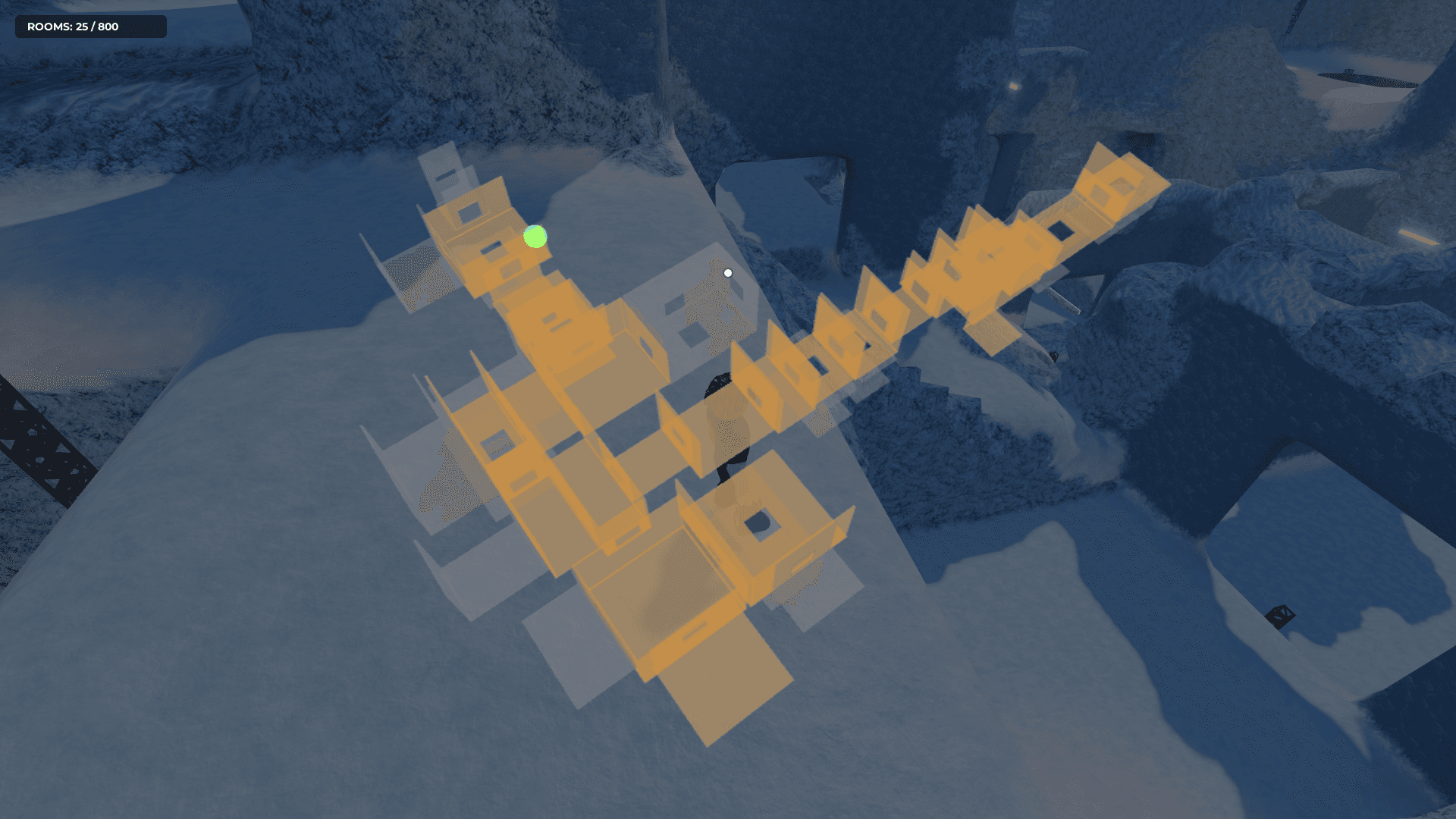 Aerial view of procedural room layout inside terrain